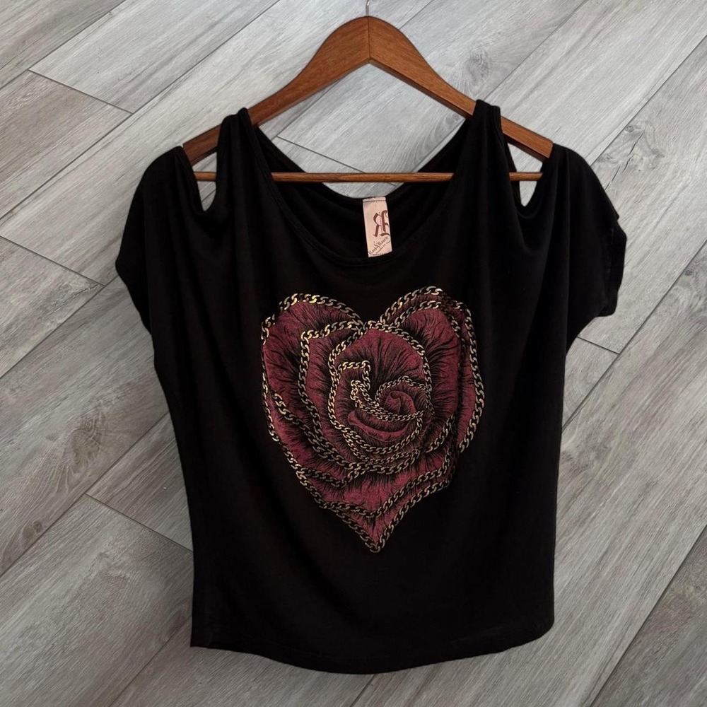 Rock & Ruse y2k black cropped top Heart rose graphic gold chain detail size M